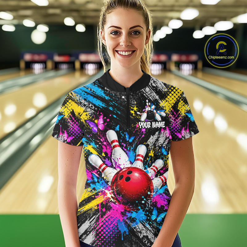 Colorful Butterfly Paint Splatter Bowling Shirts For Women Custom Bowling Team Jersey, Bowling Gifts TDM8113