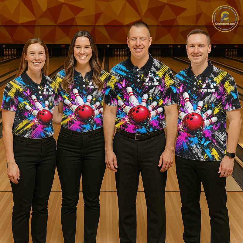 Colorful Butterfly Paint Splatter Bowling Shirts For Men Custom Bowling Team Jersey, Bowling Gifts TDM8113