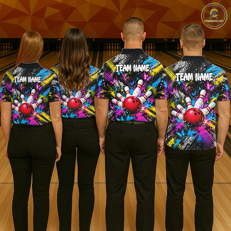 Colorful Butterfly Paint Splatter Bowling Shirts For Men Custom Bowling Team Jersey, Bowling Gifts TDM8113