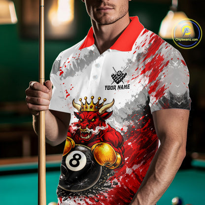Red And White Grunge Bull 8 Ball Billiard Shirt For Men Custom Pool Team Jersey Polo & 1/4 Zip TDM5647