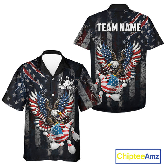 Vintage American Flag Eagle Patriotic Bowling Hawaiian Shirt Custom Bowling Team Button Up Jersey TDM7790