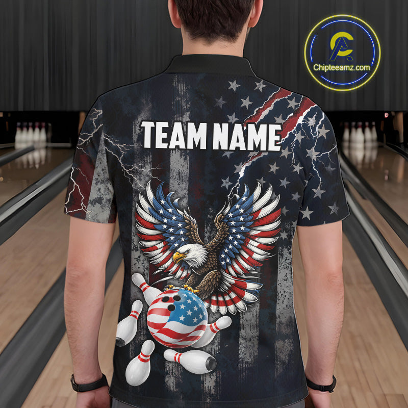 Vintage American Flag Eagle Patriotic Bowling Shirt For Men Custom Bowling League Team Jersey TDM7790