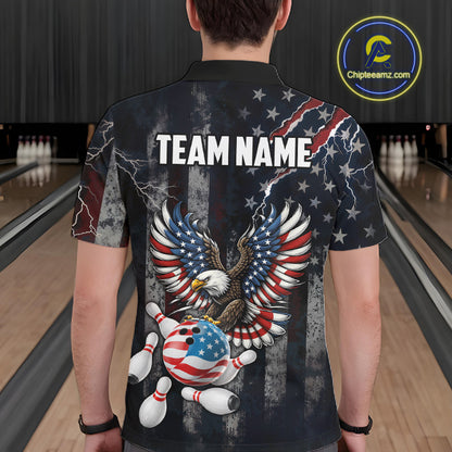 Vintage American Flag Eagle Patriotic Bowling Shirt For Men Custom Bowling League Team Jersey TDM7790