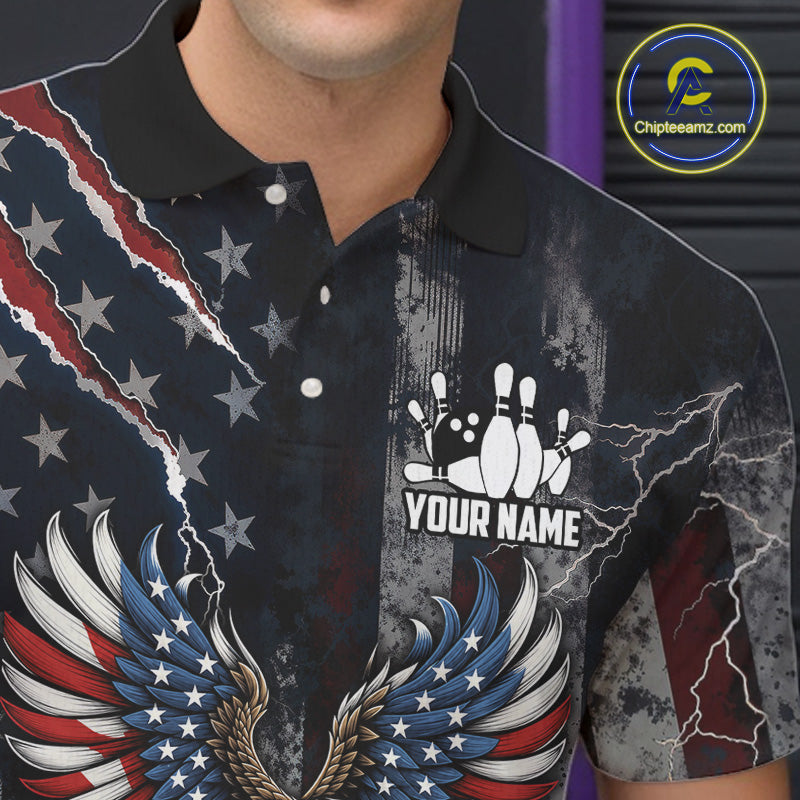 Vintage American Flag Eagle Patriotic Bowling Shirt For Men Custom Bowling League Team Jersey TDM7790