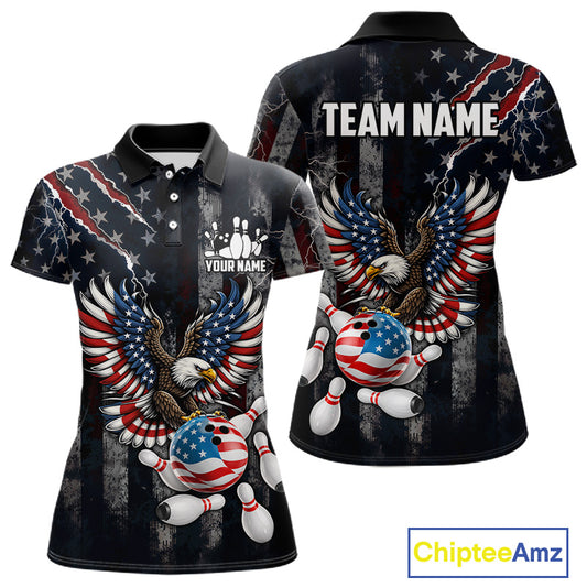 Vintage American Flag Eagle Patriotic Bowling Shirt For Women Custom Bowling League Team Jersey TDM7790