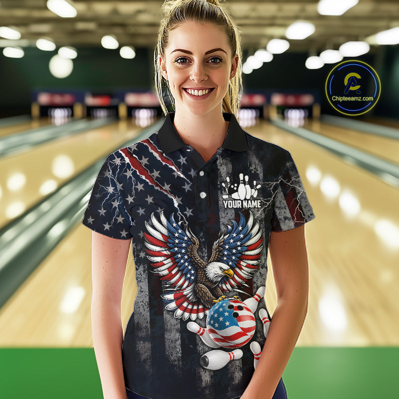 Vintage American Flag Eagle Patriotic Bowling Shirt For Women Custom Bowling League Team Jersey TDM7790
