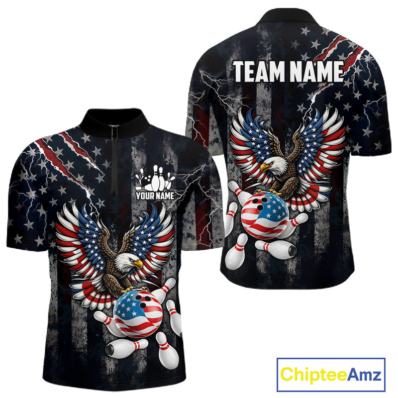 Vintage American Flag Eagle Patriotic Bowling Shirt For Men Custom Bowling League Team Jersey TDM7790