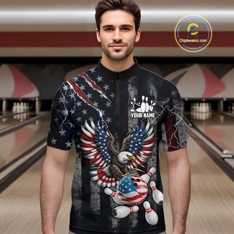Vintage American Flag Eagle Patriotic Bowling Shirt For Men Custom Bowling League Team Jersey TDM7790