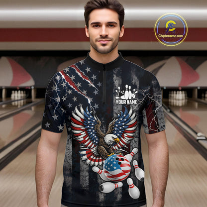 Vintage American Flag Eagle Patriotic Bowling Shirt For Men Custom Bowling League Team Jersey TDM7790