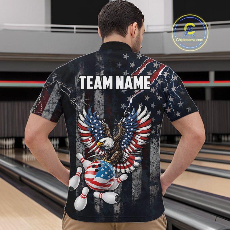 Vintage American Flag Eagle Patriotic Bowling Shirt For Men Custom Bowling League Team Jersey TDM7790