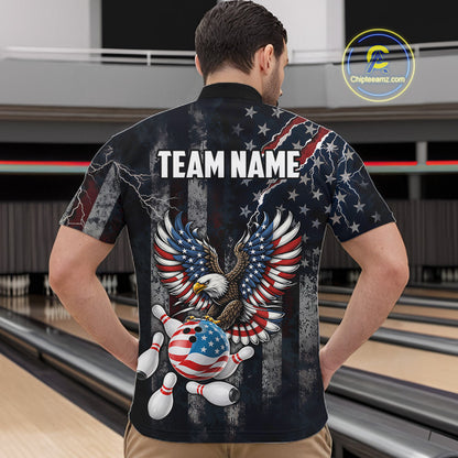 Vintage American Flag Eagle Patriotic Bowling Shirt For Men Custom Bowling League Team Jersey TDM7790