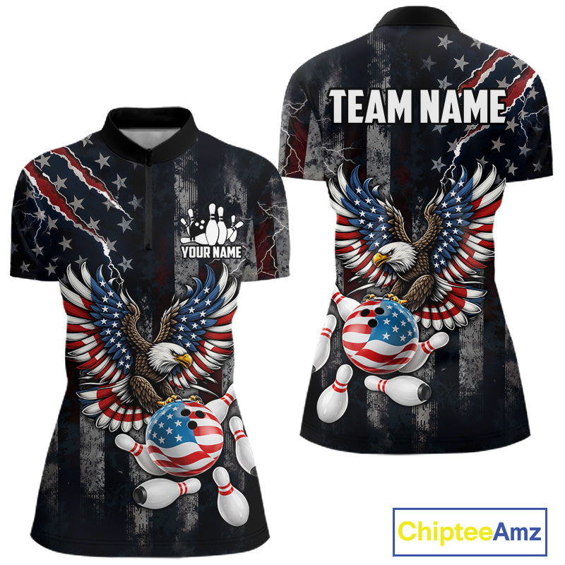Vintage American Flag Eagle Patriotic Bowling Shirt For Women Custom Bowling League Team Jersey TDM7790