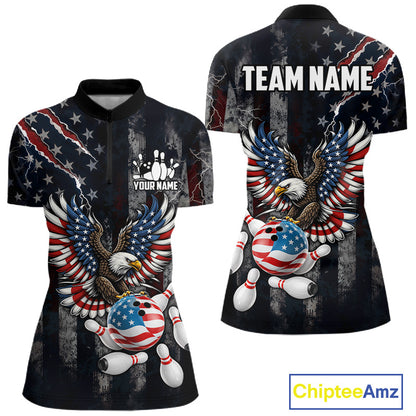 Vintage American Flag Eagle Patriotic Bowling Shirt For Women Custom Bowling League Team Jersey TDM7790