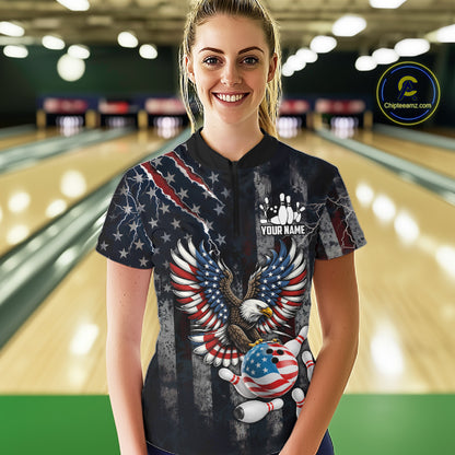 Vintage American Flag Eagle Patriotic Bowling Shirt For Women Custom Bowling League Team Jersey TDM7790