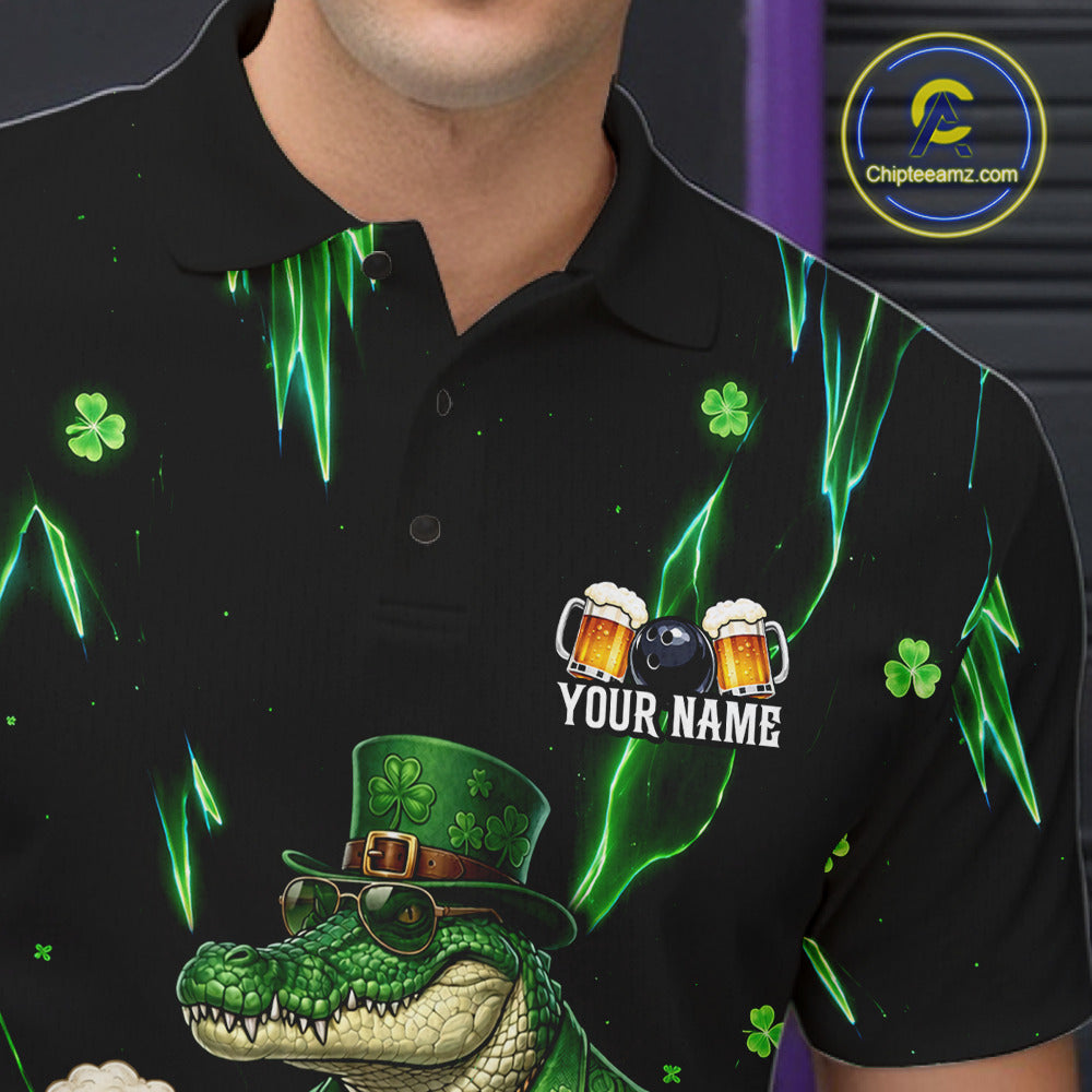 Custom Green St Patricks Alligator Bowling Shirt For Men, Lucky Bowling Team Jersey Polo & 1/4 Zip TDM6266