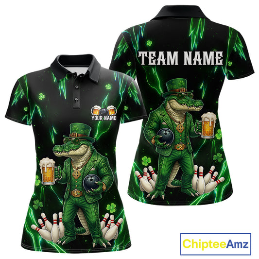 Custom Green St Patricks Alligator Bowling Shirt For Women, Lucky Bowling Team Jersey Polo & 1/4 Zip TDM6266