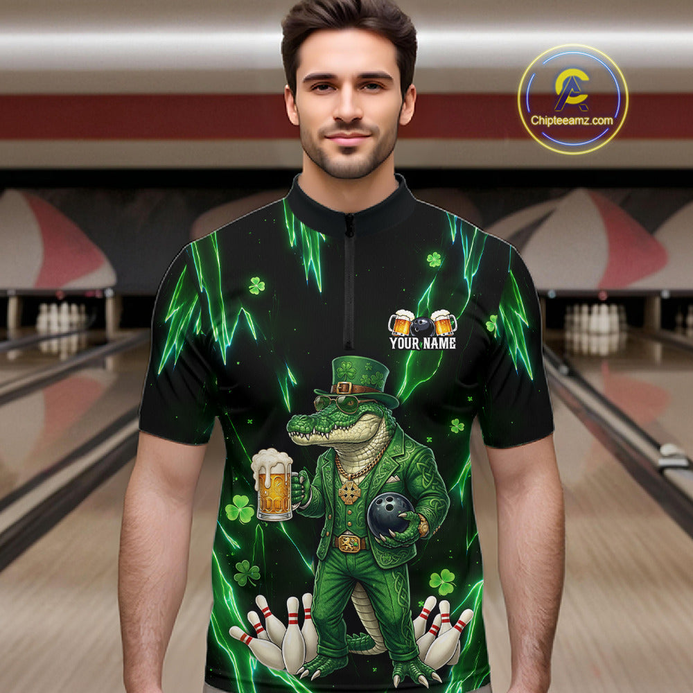 Custom Green St Patricks Alligator Bowling Shirt For Men, Lucky Bowling Team Jersey Polo & 1/4 Zip TDM6266