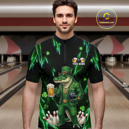 Custom Green St Patricks Alligator Bowling Shirt For Men, Lucky Bowling Team Jersey Polo & 1/4 Zip TDM6266