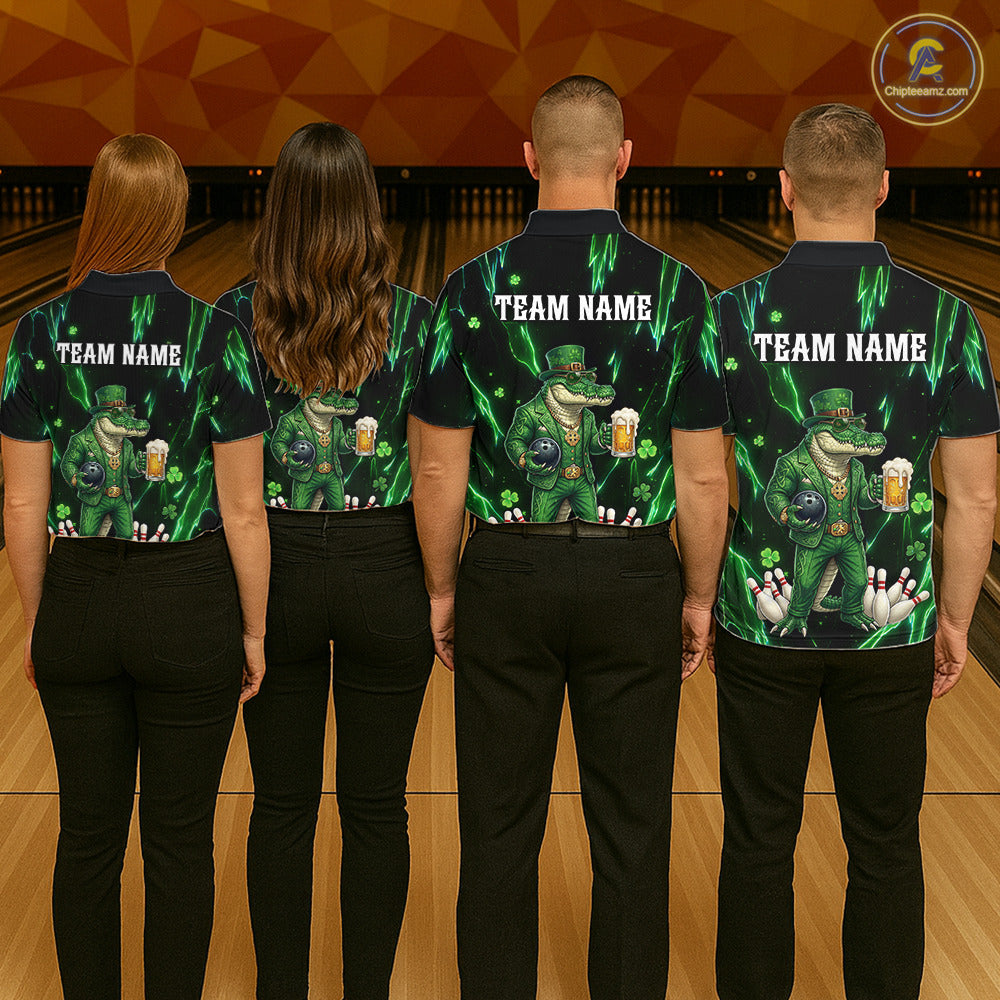 Custom Green St Patricks Alligator Bowling Shirt For Men, Lucky Bowling Team Jersey Polo & 1/4 Zip TDM6266