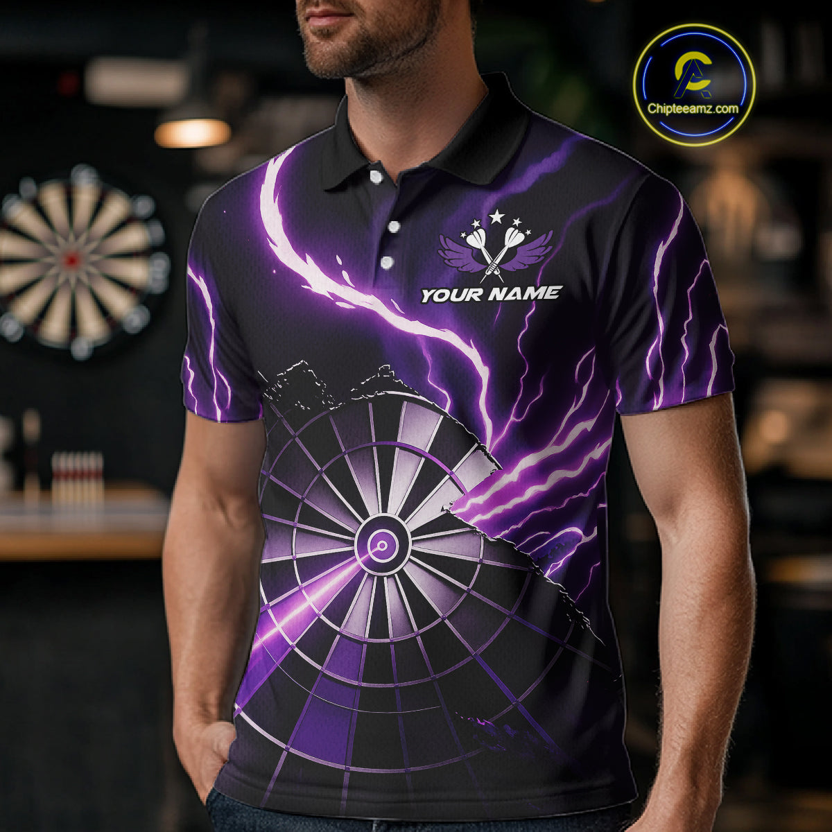 Personalized Purple Lightning Mens Dart Shirts Custom Glowing Darts Team Jersey Polo & 1/4 Zip TDM5159