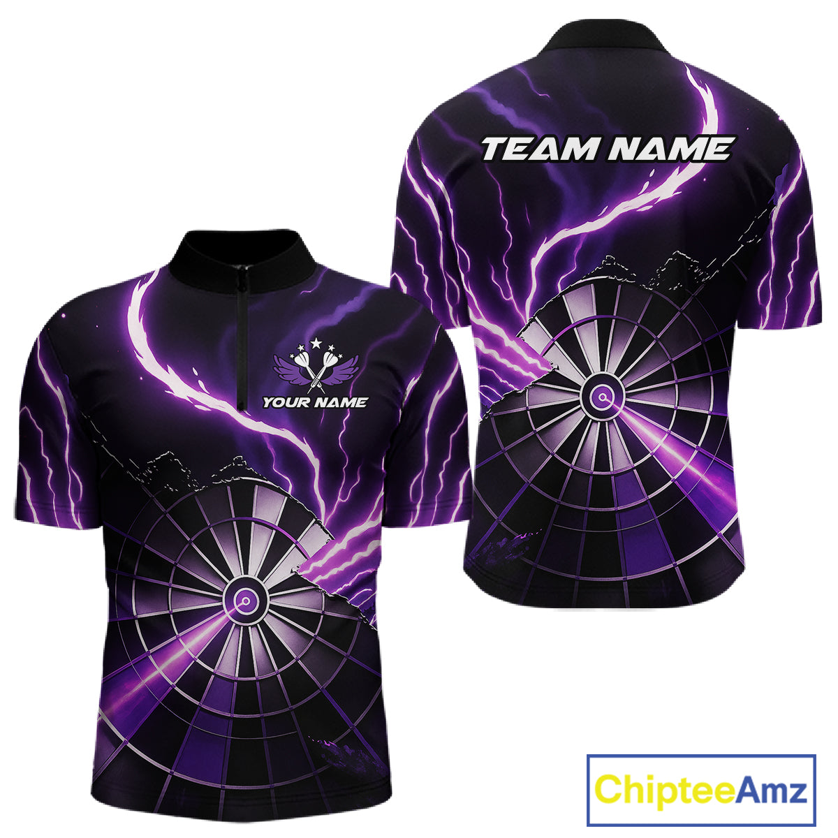 Personalized Purple Lightning Mens Dart Shirts Custom Glowing Darts Team Jersey Polo & 1/4 Zip TDM5159