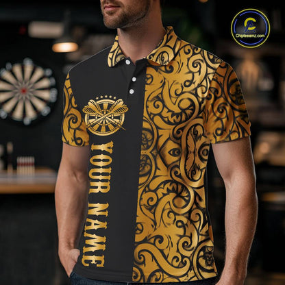 Black And Gold Custom Tribal Darts Shirt For Men, Personalized Darts Jersey Team Polo & Quarter Zip TDM5392