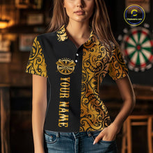 Load image into Gallery viewer, Black And Gold Custom Tribal Darts Shirt For Women, Personalized Darts Jersey Team Polo &amp; Quarter Zip TDM5392