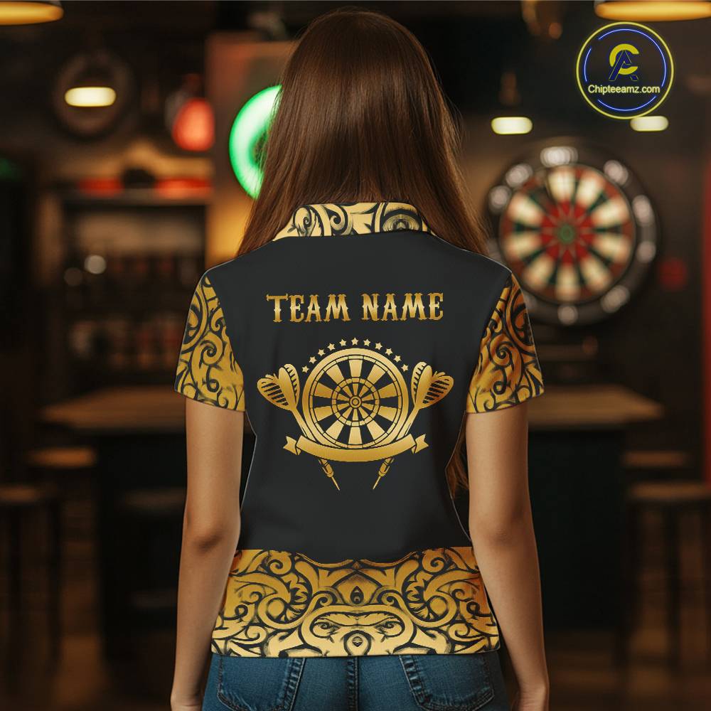 Black And Gold Custom Tribal Darts Shirt For Women, Personalized Darts Jersey Team Polo & Quarter Zip TDM5392