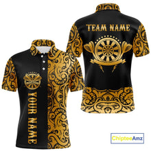 Load image into Gallery viewer, Black And Gold Custom Tribal Darts Shirt For Men, Personalized Darts Jersey Team Polo &amp; Quarter Zip TDM5392