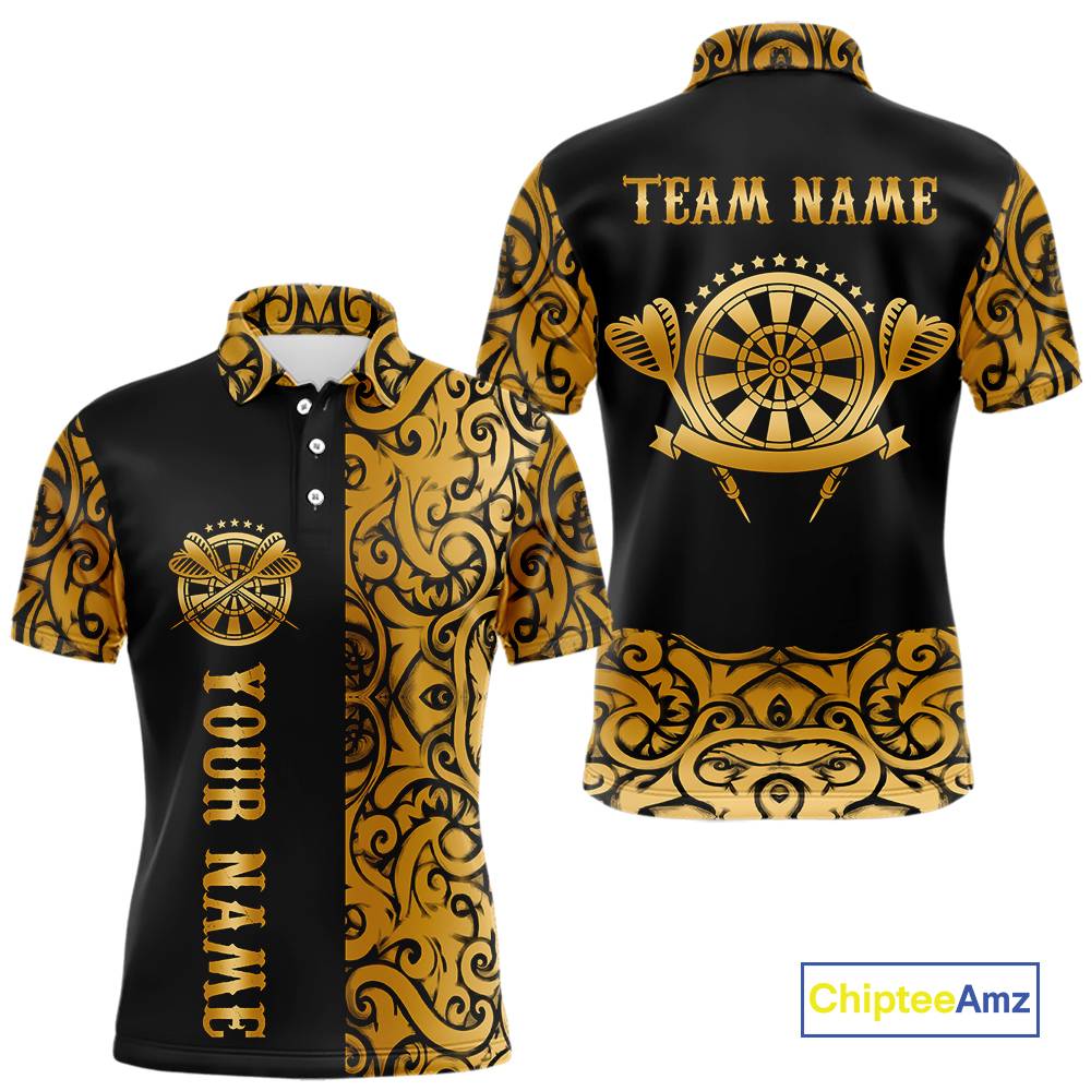 Black And Gold Custom Tribal Darts Shirt For Men, Personalized Darts Jersey Team Polo & Quarter Zip TDM5392