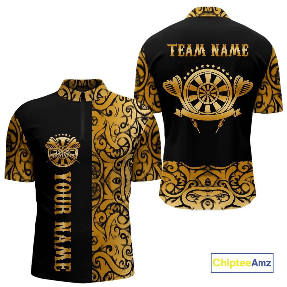 Black And Gold Custom Tribal Darts Shirt For Men, Personalized Darts Jersey Team Polo & Quarter Zip TDM5392