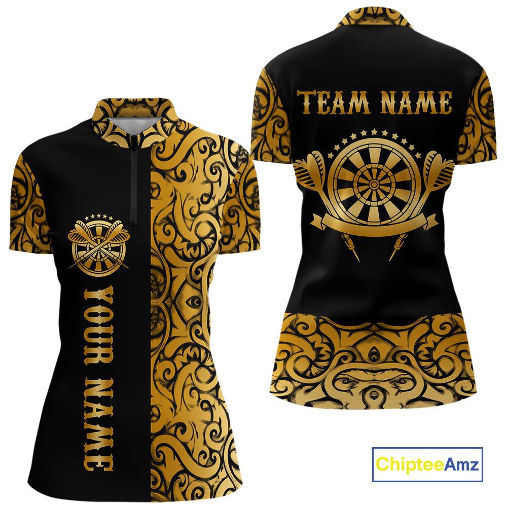 Black And Gold Custom Tribal Darts Shirt For Women, Personalized Darts Jersey Team Polo & Quarter Zip TDM5392
