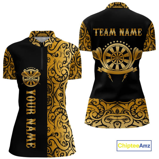 Black And Gold Custom Tribal Darts Shirt For Women, Personalized Darts Jersey Team Polo & Quarter Zip TDM5392