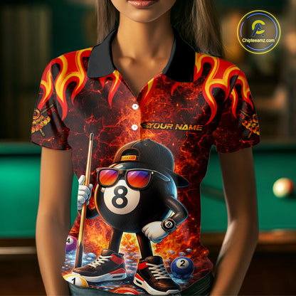 Funny 8 Ball Pool Flaming Billiard Shirt For Women Custom Billiard Team Jersey Polo & 1/4 Zip TDM5900