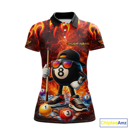 Funny 8 Ball Pool Flaming Billiard Shirt For Women Custom Billiard Team Jersey Polo & 1/4 Zip TDM5900