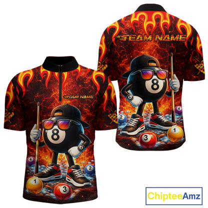 Funny 8 Ball Pool Flaming Billiard Shirt For Men Custom Billiard Team Jersey Polo & 1/4 Zip TDM5900