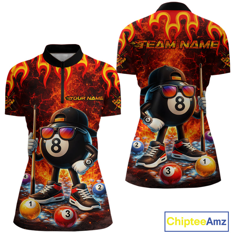 Funny 8 Ball Pool Flaming Billiard Shirt For Women Custom Billiard Team Jersey Polo & 1/4 Zip TDM5900