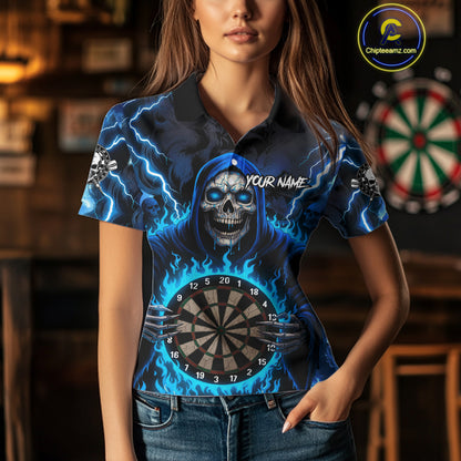 Blue Grim Reaper Thunder Lightning Womens Dart Shirts Custom Flame Dart Jerseys Team Polo & 1/4 Zip TDM5174