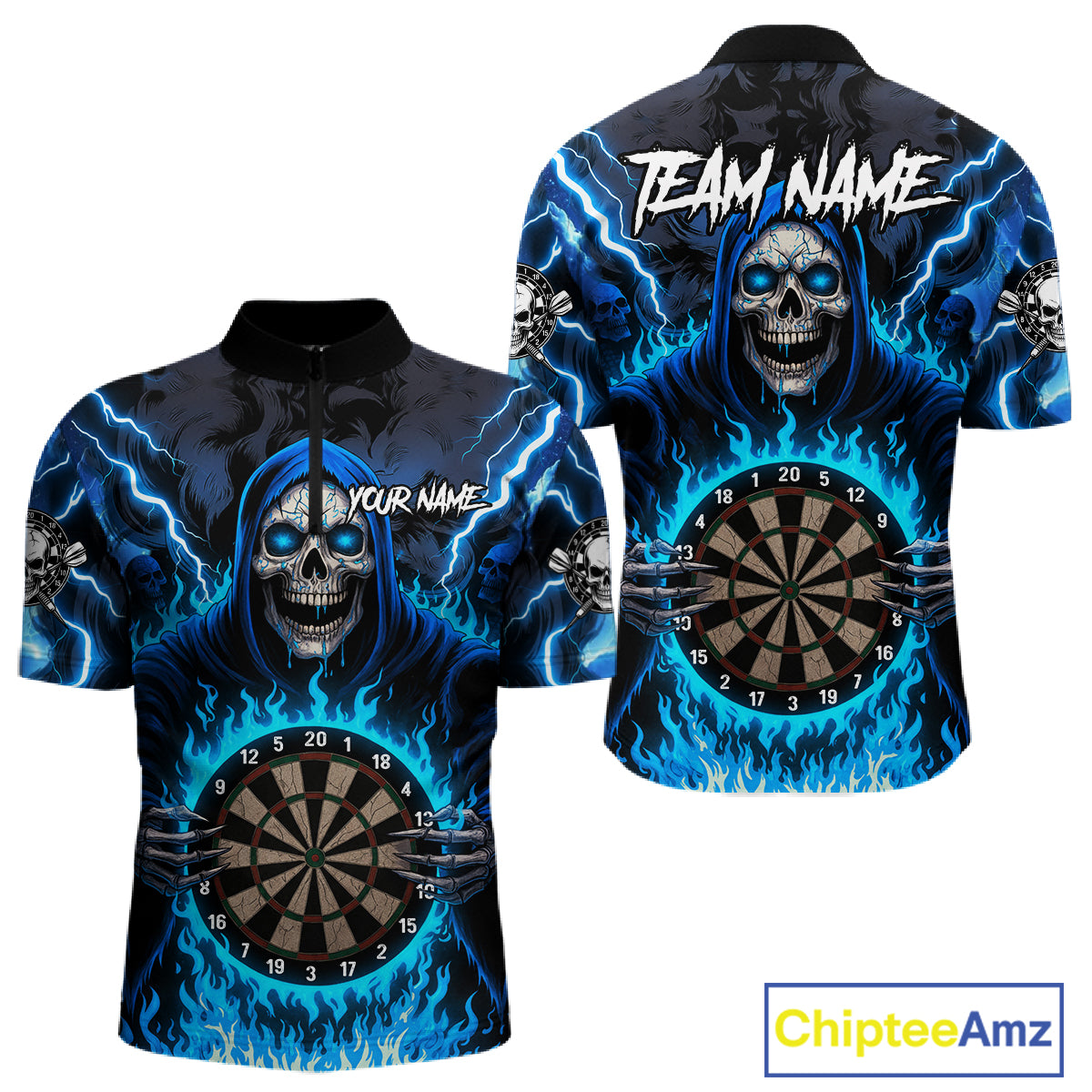 Blue Grim Reaper Thunder Lightning Mens Dart Shirts Custom Flame Dart Jerseys Team Polo & 1/4 Zip TDM5174