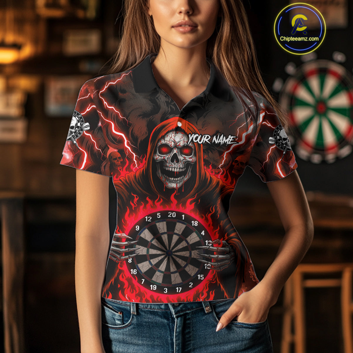 Red Grim Reaper Thunder Lightning Womens Dart Shirts Custom Flame Dart Jerseys Team Polo & 1/4 Zip TDM5175