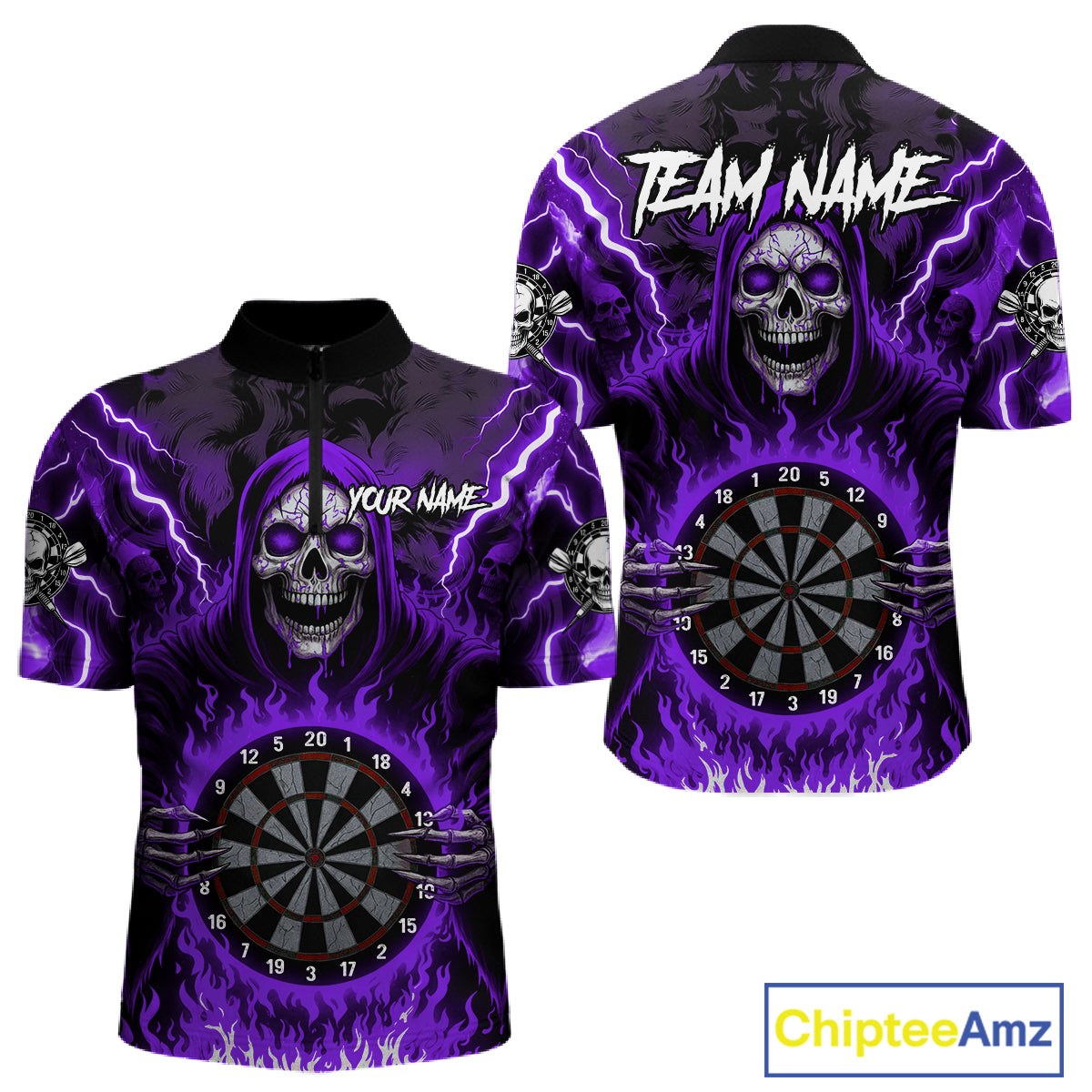 Purple Grim Reaper Thunder Lightning Men Dart Shirts Custom Flame Dart Jerseys Team Polo & 1/4 Zip TDM5176