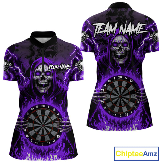 Purple Grim Reaper Thunder Lightning Women Dart Shirts Custom Flame Dart Jerseys Team Polo & 1/4 Zip TDM5176