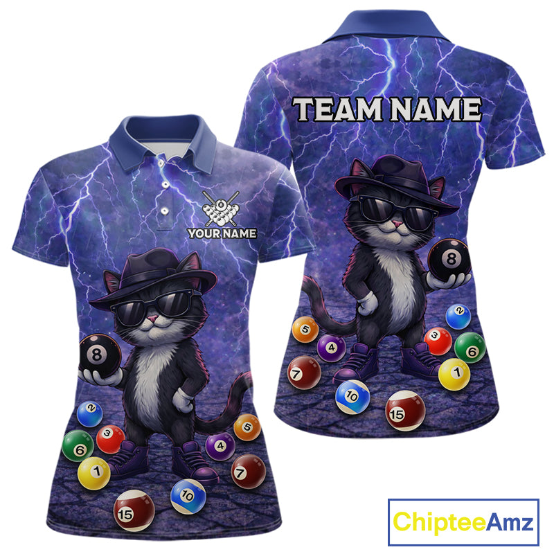 Purple Funny Cat Lightning Billiard Shirt For Women Custom 8 Ball Pool Team Jersey Polo & 1/4 Zip TDM5912
