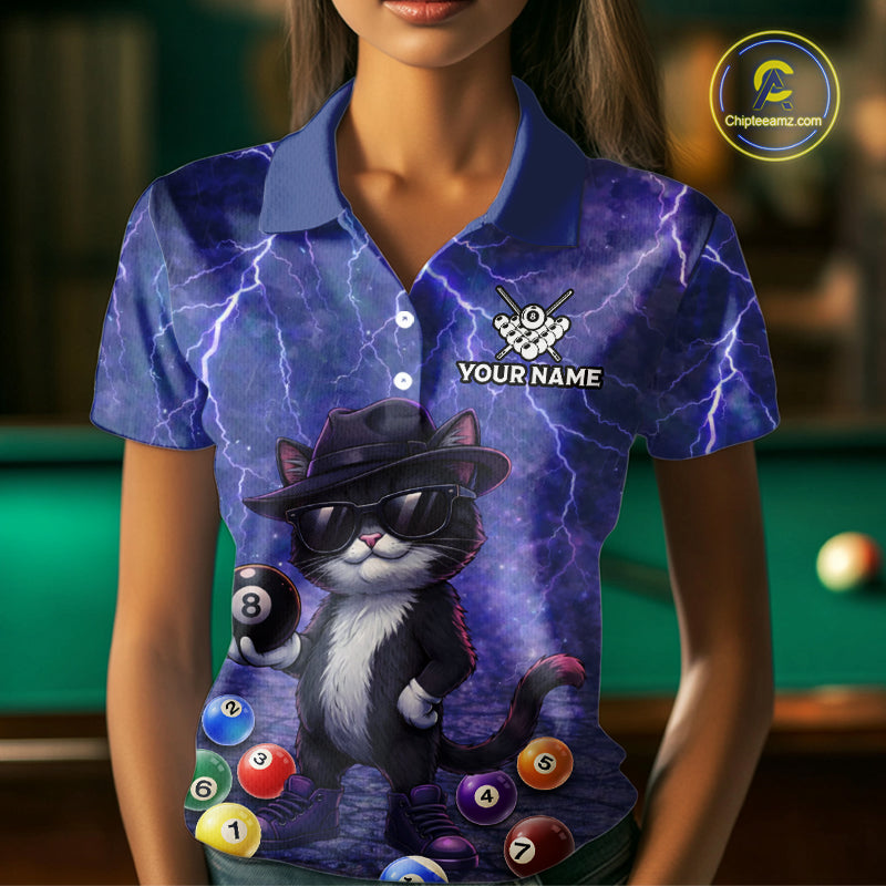 Purple Funny Cat Lightning Billiard Shirt For Women Custom 8 Ball Pool Team Jersey Polo & 1/4 Zip TDM5912
