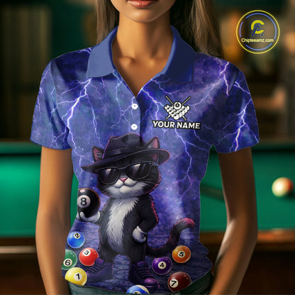 Purple Funny Cat Lightning Billiard Shirt For Women Custom 8 Ball Pool Team Jersey Polo & 1/4 Zip TDM5912