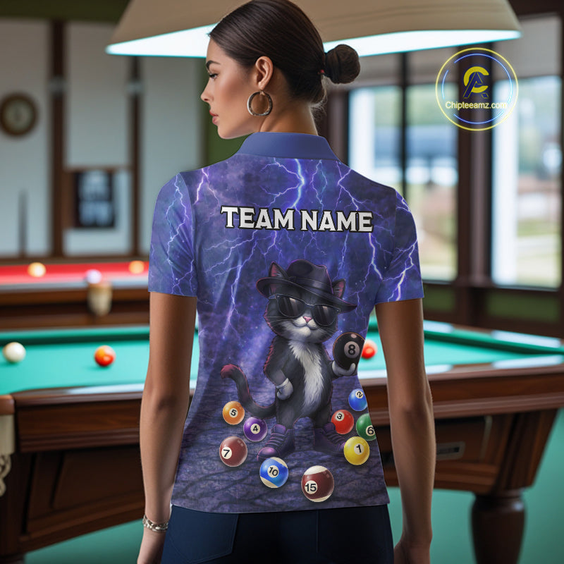 Purple Funny Cat Lightning Billiard Shirt For Women Custom 8 Ball Pool Team Jersey Polo & 1/4 Zip TDM5912