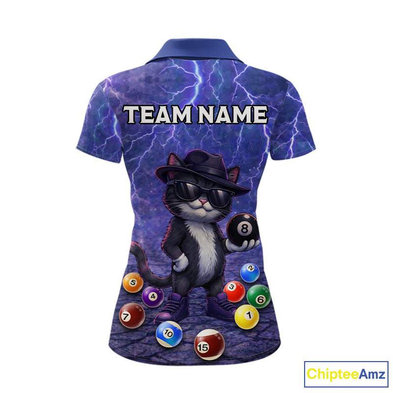 Purple Funny Cat Lightning Billiard Shirt For Women Custom 8 Ball Pool Team Jersey Polo & 1/4 Zip TDM5912