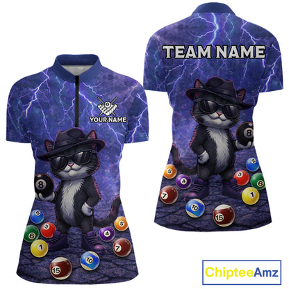 Purple Funny Cat Lightning Billiard Shirt For Women Custom 8 Ball Pool Team Jersey Polo & 1/4 Zip TDM5912