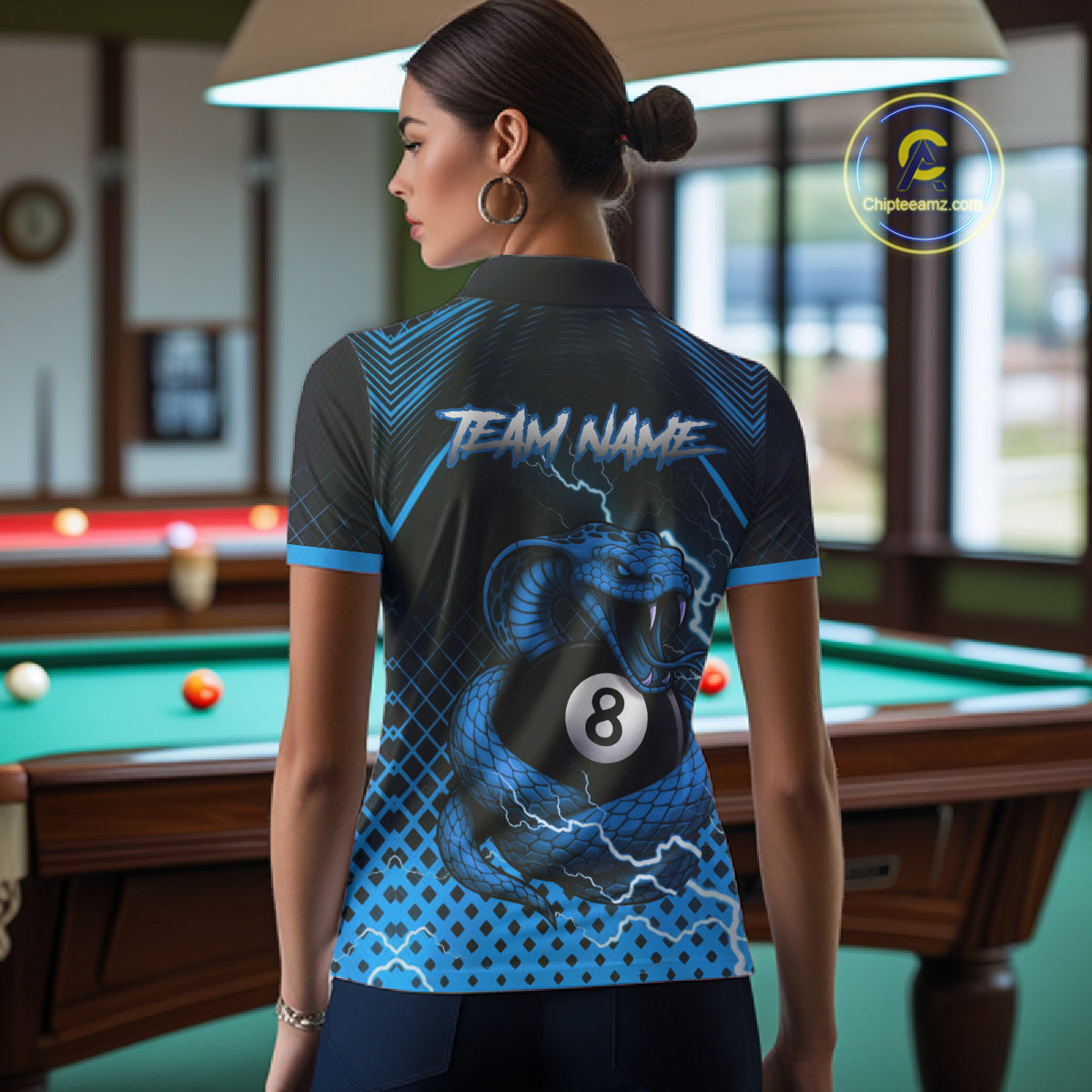 Personalized Blue 8 Ball Lightning Cobra Snake Women's Billiards Shirts Custom Pool Team Jerseys TDM5198