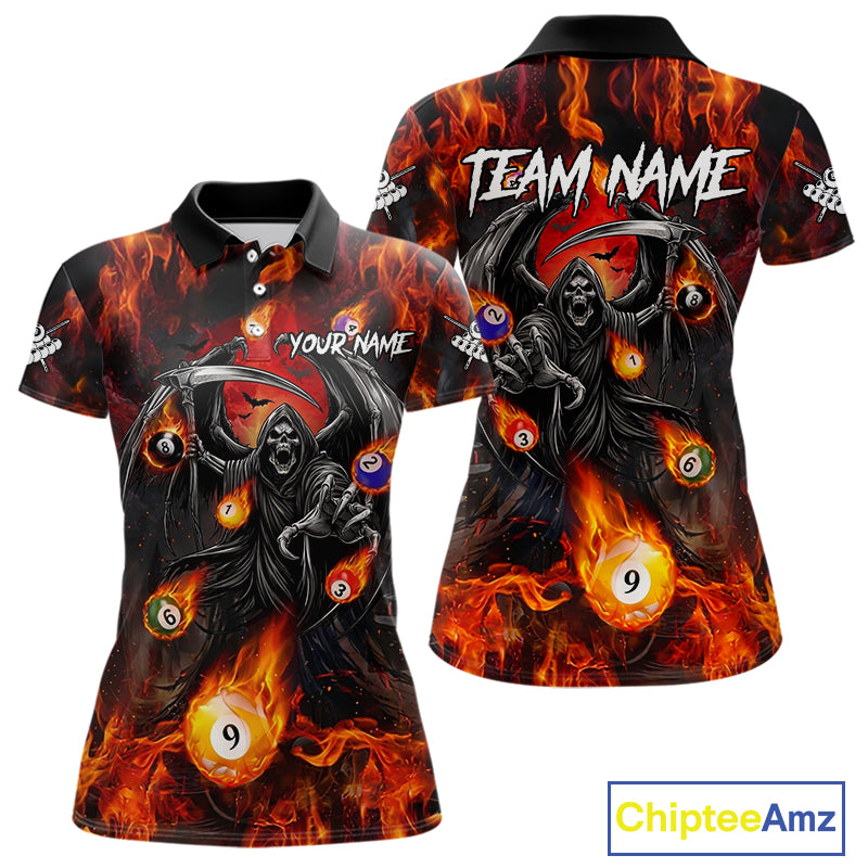 Orange Flaming Grim Reaper Billiard Shirt For Women Custom Fire Pool Team Jersey Polo & Quarter Zip TDM6077